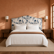 Clay room | Sintra Taupe headboard in a clay-toned bedroom with bedding and brass lamps