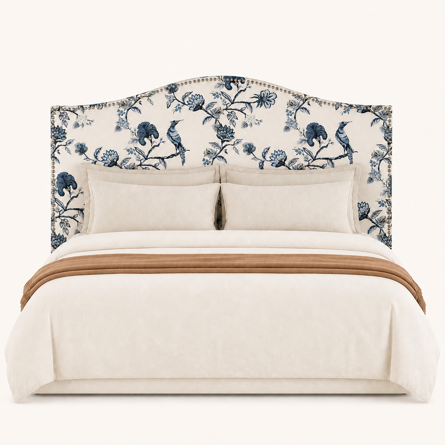 Front | Straight-on studio view of the full upholstered headboard and padded panel