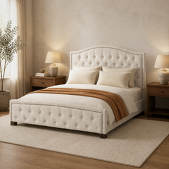 Room 1 angle | light upholstered bed set with two dark wood nightstands in a warm neutral bedroom