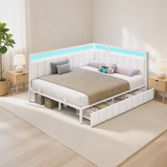 Room 2 angle | Bedroom corner view showing the padded back, light strip, and open storage drawers