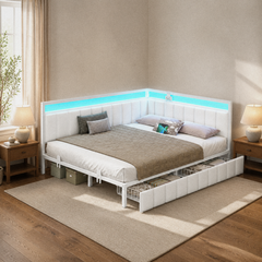 Room 1 angle | Three-quarter view of the padded corner profile, upper light strip, and front drawers