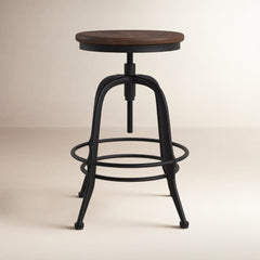 Adjustable Counter Stool, Backless, Reclaimed Pine Seat, Iron Frame