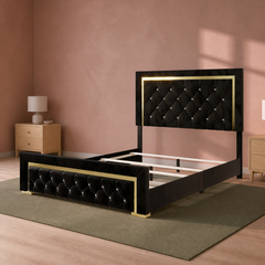 Room 1 | Black and gold upholstered bed in an airy bedroom with soft daylight