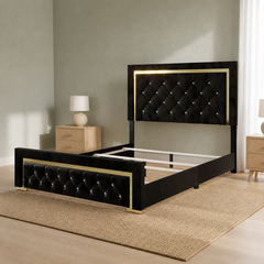 Front | Black upholstered bed front with rectangular gold trim and button tufting