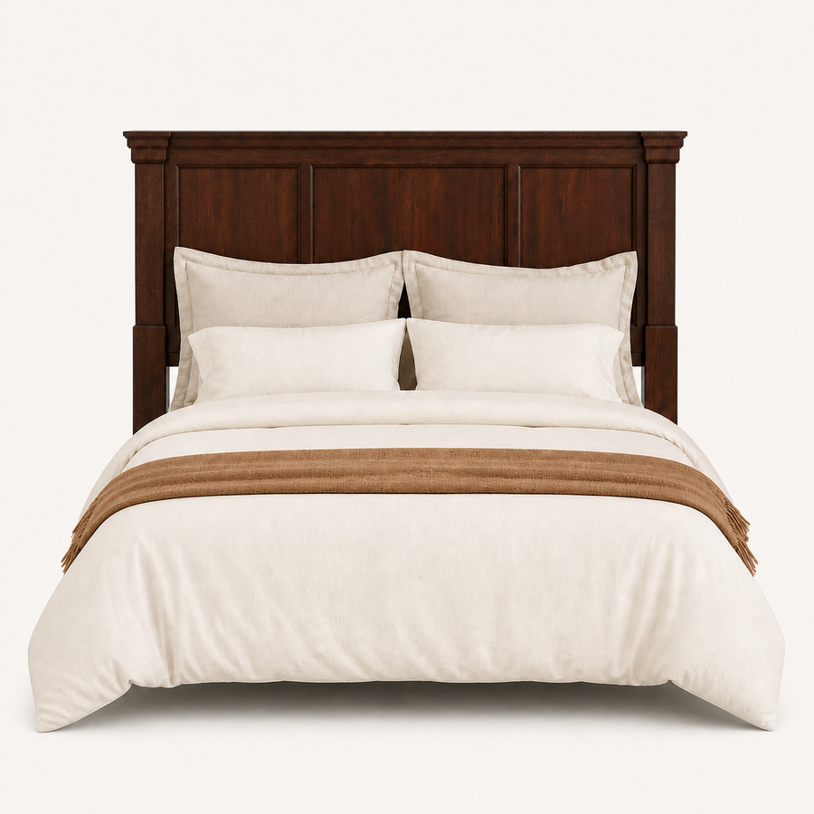 Front | Straight-on studio view of the complete rectangular wood headboard with panel details and crown molding