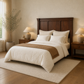 Angle | Three-quarter bedroom view showing the headboard face, side depth, bed length and right-side nightstand