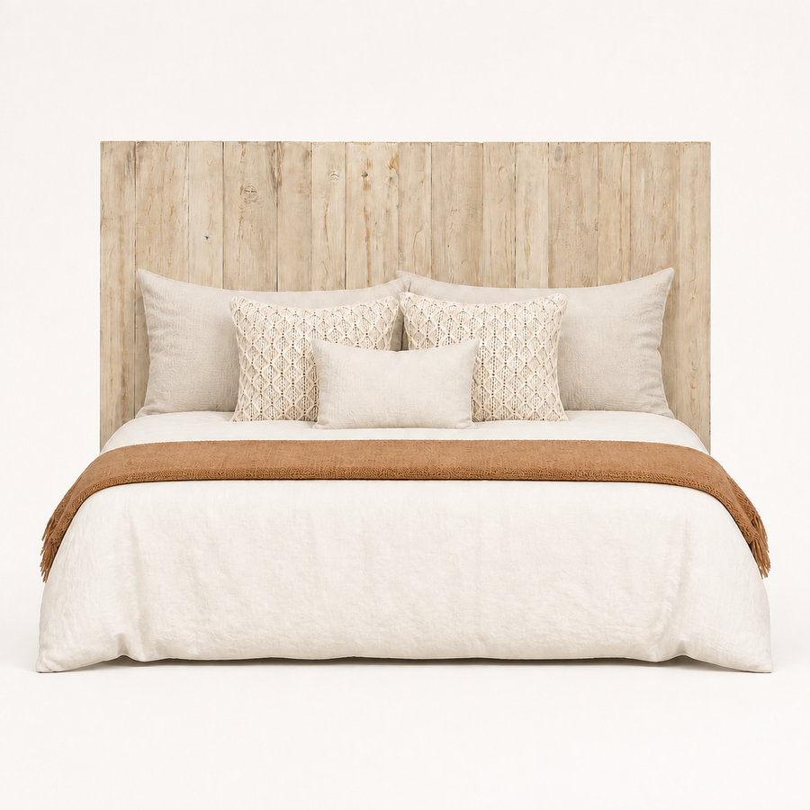 Front | Straight-on studio view of the full rectangular wood panel headboard against a pale background
