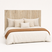 Studio | Three-quarter studio view showing the headboard's slim profile and vertical wood panels