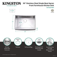 Apron-Front Kitchen Sink, Denver, 30 Inch Single Bowl in Brushed Stainless Steel