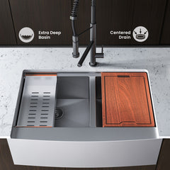 Apron Front Kitchen Sink, Rivage, Dual Basin in Stainless Steel