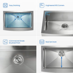 Apron Front Kitchen Sink, Single Bowl, Stainless Steel, 33 In.
