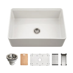 Apron Front Workstation Kitchen Sink, Single Bowl, Fireclay, 30 In, White