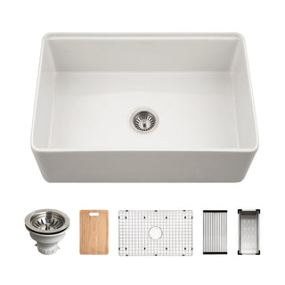 Apron Front Workstation Kitchen Sink, Single Bowl, Fireclay, 30 In, White