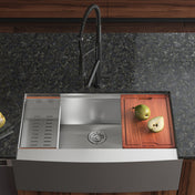 Apron Kitchen Workstation Sink, Rivage, Single Basin in Stainless Steel