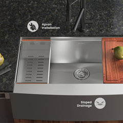 Apron Kitchen Workstation Sink, Rivage, Single Basin in Stainless Steel