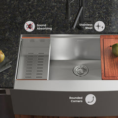 Apron Kitchen Workstation Sink, Rivage, Single Basin in Stainless Steel
