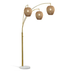 Arc Floor Lamp, 3-Light, Brown Rattan Shade with Brushed Brass Base