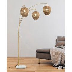 Arc Floor Lamp, 3-Light, Brown Rattan Shade with Brushed Brass Base