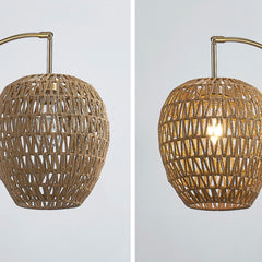 Arc Floor Lamp, 3-Light, Brown Rattan Shade with Brushed Brass Base