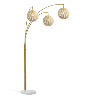 Arc Floor Lamp, 3 Lights, Beige Rattan Shade with Brushed Brass Base