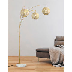 Arc Floor Lamp, 3 Lights, Beige Rattan Shade with Brushed Brass Base