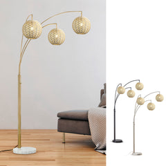 Arc Floor Lamp, 3 Lights, Beige Rattan Shade with Brushed Brass Base