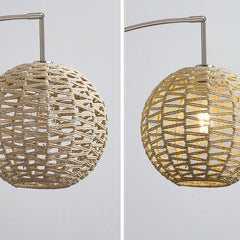 Arc Floor Lamp, 3 Lights, Beige Rattan Shade with Brushed Brass Base