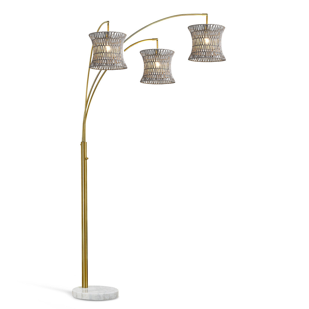 Arc Floor Lamp, 3 Lights, Gray Rattan Shade with Brushed Brass Base