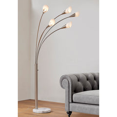 Arc Floor Lamp, 5 Lights, Brushed Nickel with White Glass Shade