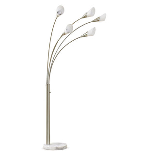 Arc Floor Lamp, 5 Lights, Brushed Nickel with White Glass Shade