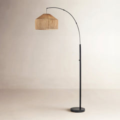 Arc Floor Lamp, 75 in Tall with Black Finish and Beige Shade