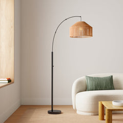 Arc Floor Lamp, 75 in Tall with Black Finish and Beige Shade