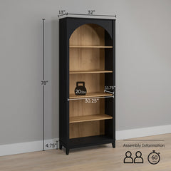 Arched Bookcase with 5 Shelves, 78 in H x 32 in W x 13 in D