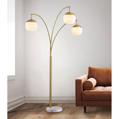 Arched Floor Lamp, 3 Lights, Brushed Brass with White Glass Shade