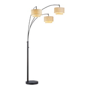 Arched Floor Lamp, 3 Lights, Dark Bronze Steel with Tan Linen Shades