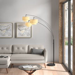 Arched Floor Lamp, 3 Lights, Dark Bronze Steel with Tan Linen Shades
