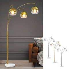 Arched Floor Lamp, 3 Lights, Gold Glass Shade with Brushed Brass Base
