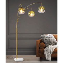 Arched Floor Lamp, 3 Lights, Gold Glass Shade with Brushed Brass Base