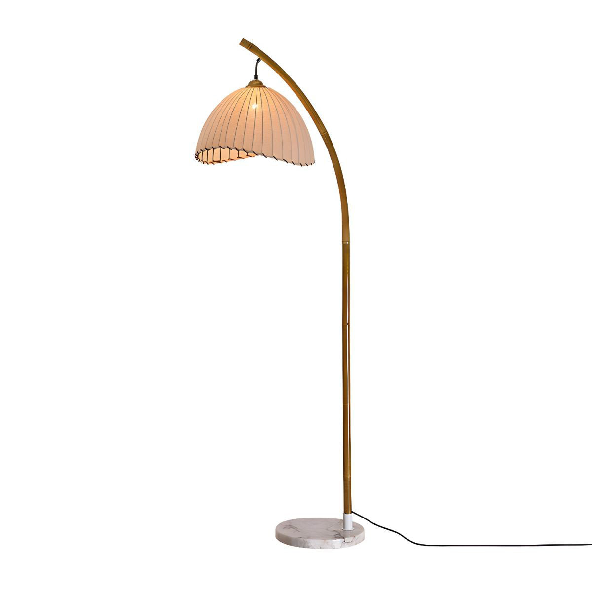 Arched Floor Lamp, 63 in Tall, Bamboo and Marble with Linen Shade