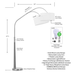 Arched Floor Lamp, 81 in High, White Linen Shade with Brushed Brass Base