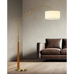 Arched Floor Lamp, 81 in High, White Linen Shade with Brushed Brass Base