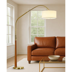Arched Floor Lamp, 81 in High, White Linen Shade with Brushed Brass Base