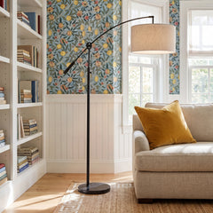 Arched Floor Lamp, 81 in Tall with Beige Drum Shade and Black Base