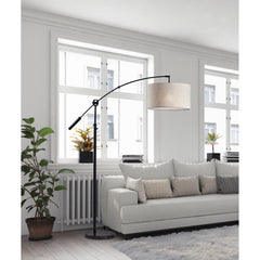 Arched Floor Lamp, 81 in Tall with Beige Drum Shade and Black Base