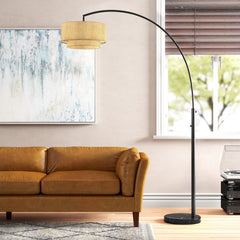 Arched Floor Lamp, 82 in Tall, Tan Linen Shade with Black Marble Base