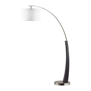 Arched Floor Lamp, Dark Brown Wood and Brushed Nickel with White Linen Shade