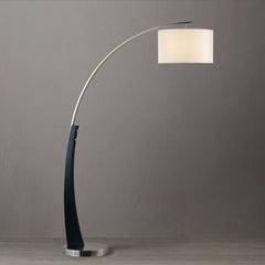 Arched Floor Lamp, Dark Brown Wood and Brushed Nickel with White Linen Shade