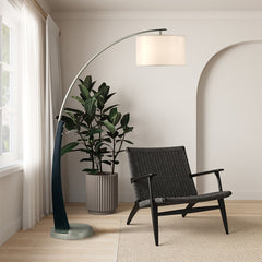 Arched Floor Lamp, Dark Brown Wood and Brushed Nickel with White Linen Shade