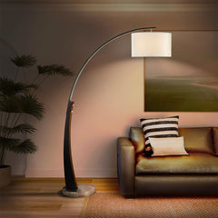 Arched Floor Lamp, Dark Brown Wood and Brushed Nickel with White Linen Shade