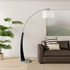 Arched Floor Lamp, Dark Brown Wood and Brushed Nickel with White Linen Shade